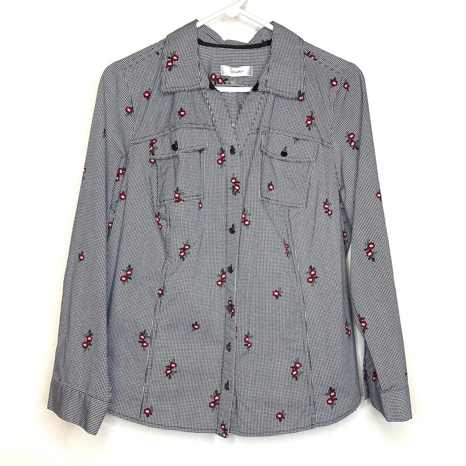 CJ Banks Womens Size X White Black Houndstooth Floral Button-Up Shirt L/s