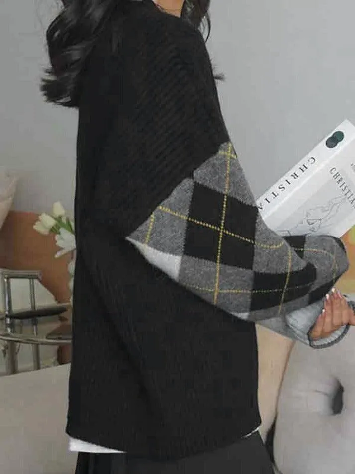 Contrast Color Plaid Patchwork Cardigan