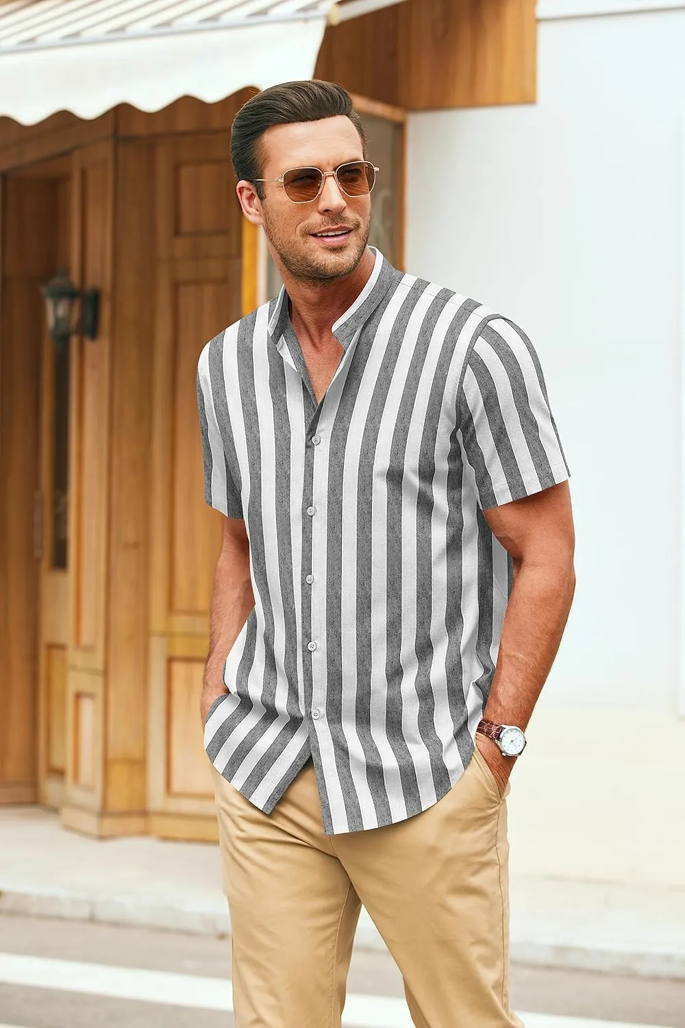 COOFANDY Men's Muscle Fit Dress Shirts Banded Collar Casual Button Down Shirts