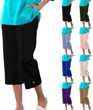Cotton Linen Capri Pants for Women Wide Leg High Waisted Palazzo Capris Pants Lightweight Beach Straight Leg Trousers