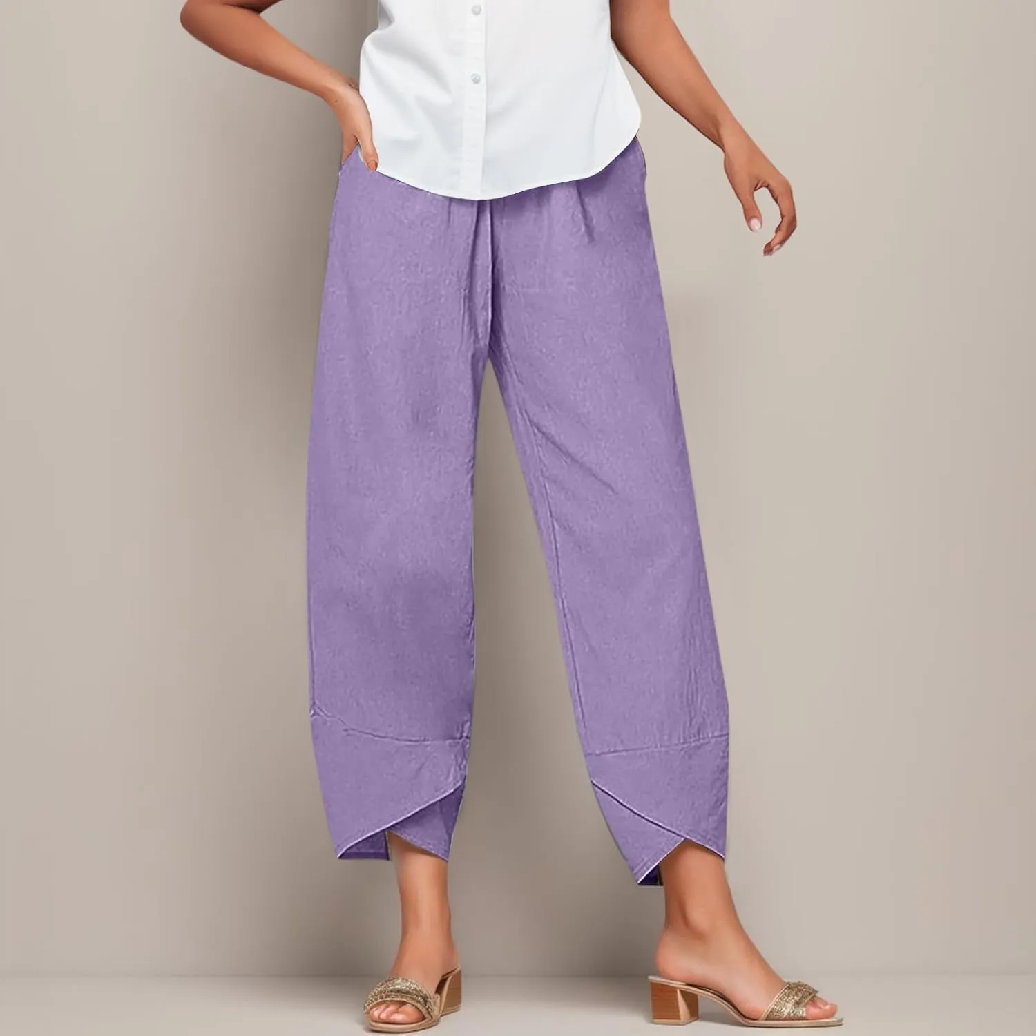 Cotton Linen Pants for Women Casual Capri Pant Plus Size Wide Leg Palazzo Summer Cropped Elastic Waist Trousers