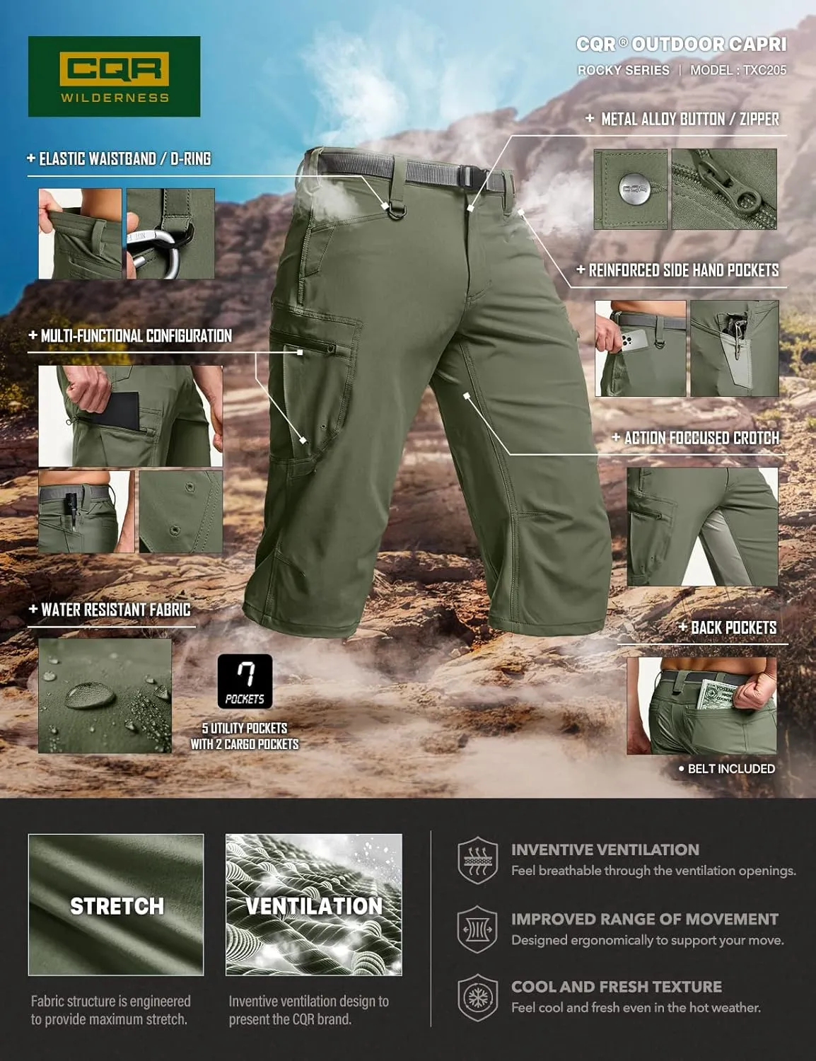 CQR Mens Quick-Dry Stretch Hiking Cargo Shorts  Lightweight Water-Resistant Tactical Casual, Golf & Outdoor with Pockets