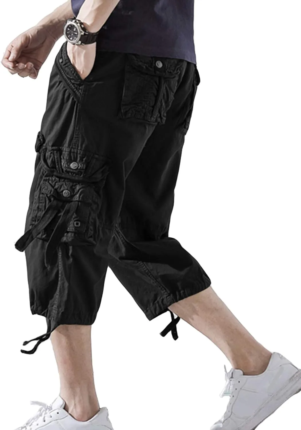 DONGD Mens Cargo Shorts Cotton 3/4 Loose Fit Below Knee Capri Cargo Short