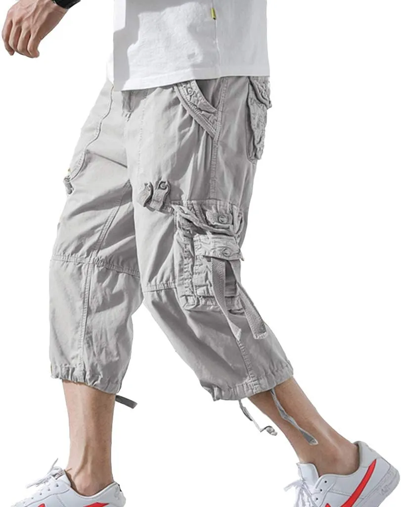 DONGD Mens Cargo Shorts Cotton 3/4 Loose Fit Below Knee Capri Cargo Short