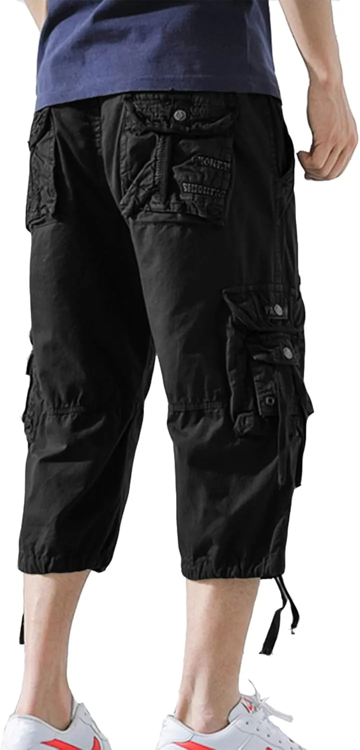 DONGD Mens Cargo Shorts Cotton 3/4 Loose Fit Below Knee Capri Cargo Short