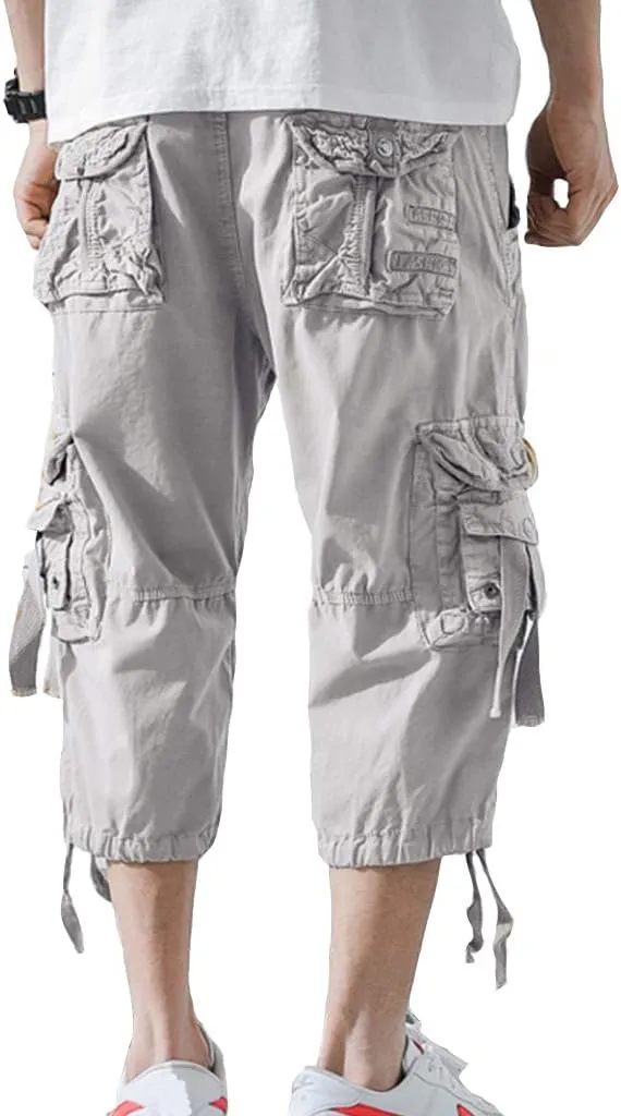 DONGD Mens Cargo Shorts Cotton 3/4 Loose Fit Below Knee Capri Cargo Short