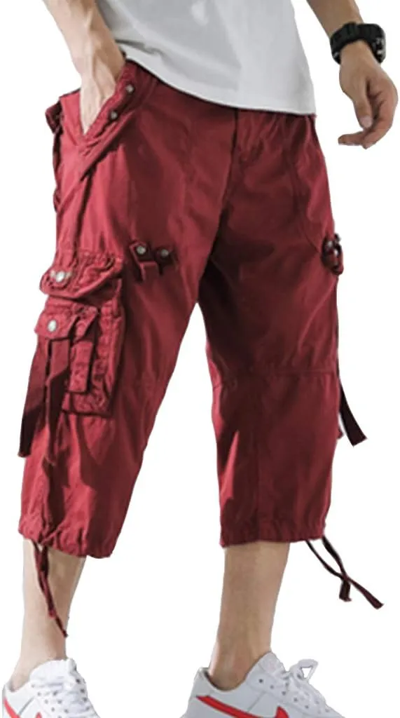 DONGD Mens Cargo Shorts Cotton 3/4 Loose Fit Below Knee Capri Cargo Short