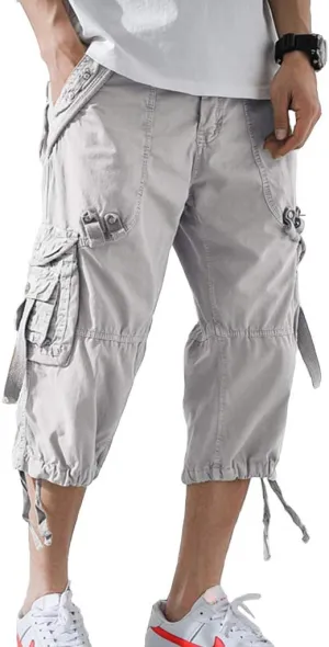 DONGD Mens Cargo Shorts Cotton 3/4 Loose Fit Below Knee Capri Cargo Short