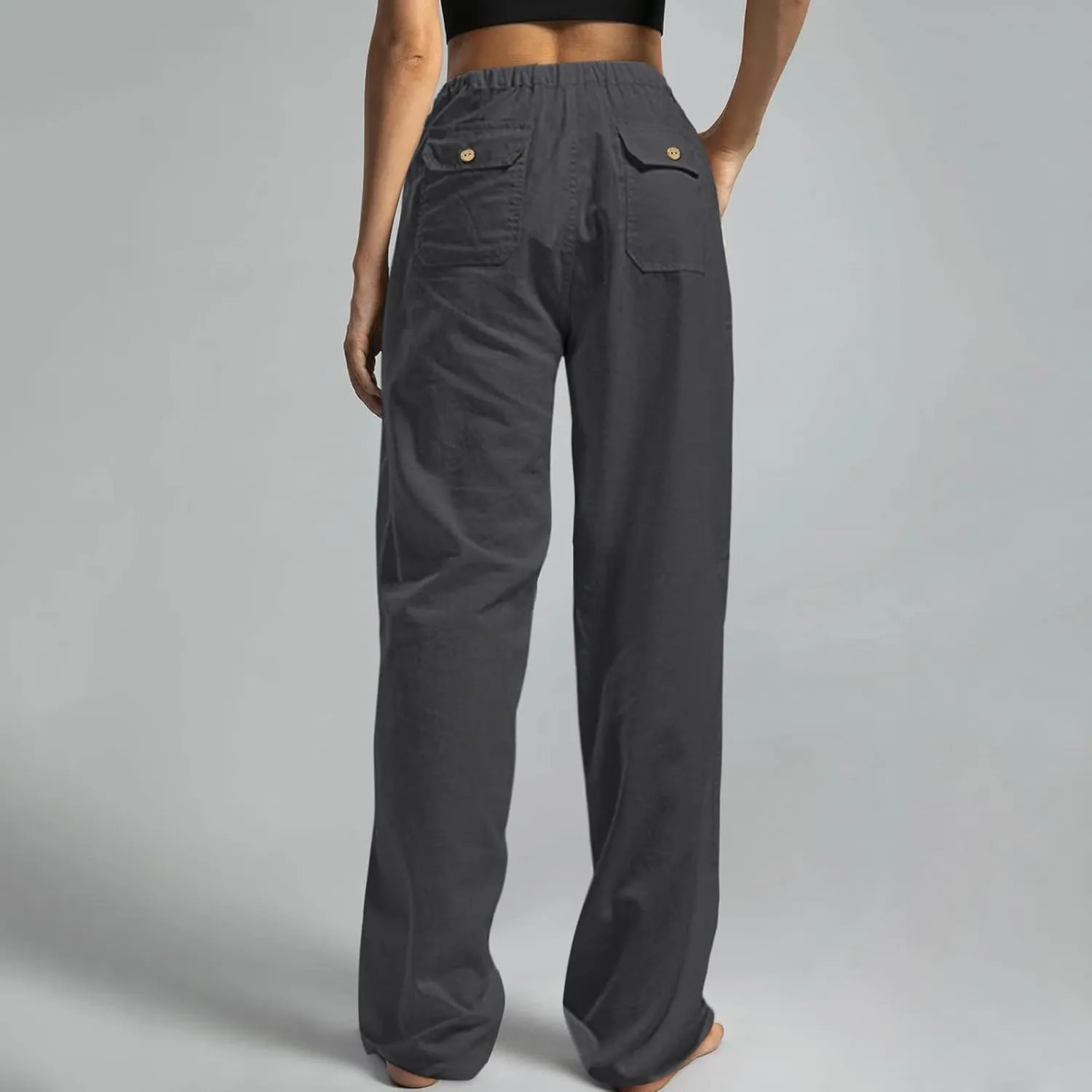 Drawstring Linen Pants for Women Casual Summer Staight Leg Loose Fit Beach Pants Elastic Waist Lounge Pants S-5XL