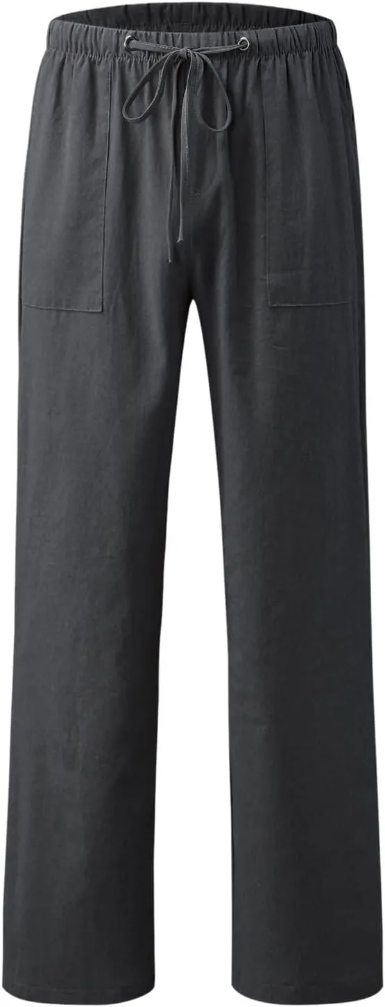 Drawstring Linen Pants for Women Casual Summer Staight Leg Loose Fit Beach Pants Elastic Waist Lounge Pants S-5XL