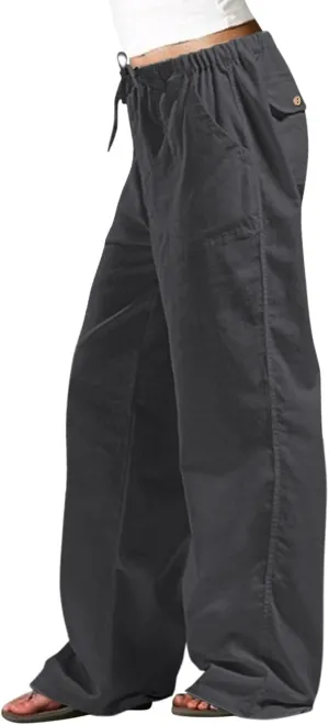 Drawstring Linen Pants for Women Casual Summer Staight Leg Loose Fit Beach Pants Elastic Waist Lounge Pants S-5XL