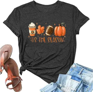 Fall Shirts for Women Halloween Pumpkin Graphic Tees Thanksgiving Family Turkey Tops Cute Autumn Thankful T-Shirt