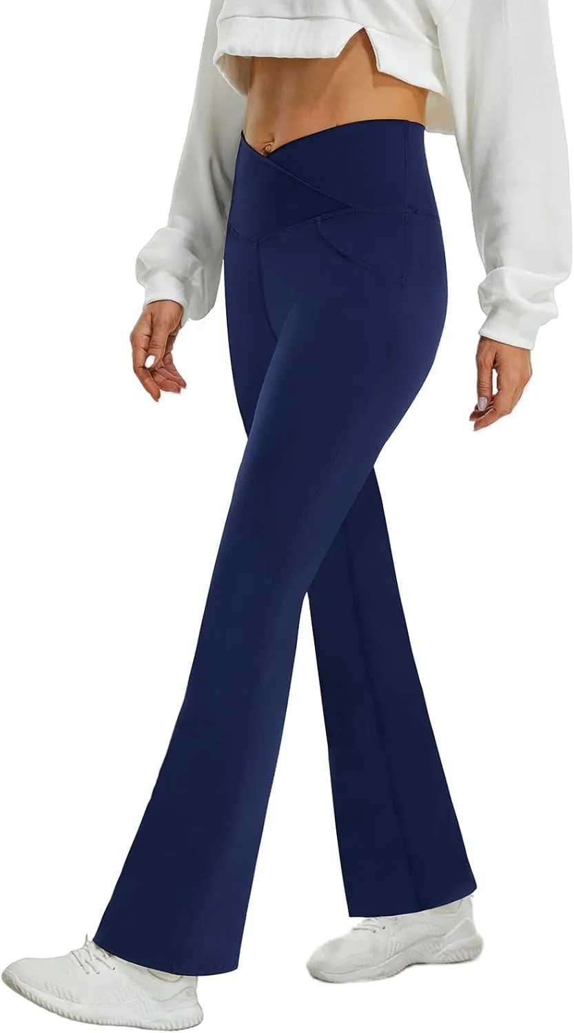 FireSwan Womens Crossover Flare Leggings with Pockets Bootcut High Waisted Yoga Pants Tummy Control Gym Workout Work Pants