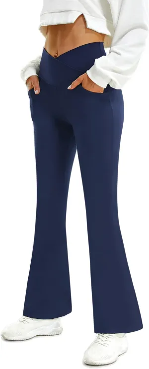 FireSwan Womens Crossover Flare Leggings with Pockets Bootcut High Waisted Yoga Pants Tummy Control Gym Workout Work Pants