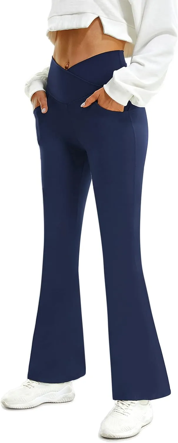FireSwan Womens Crossover Flare Leggings with Pockets Bootcut High Waisted Yoga Pants Tummy Control Gym Workout Work Pants