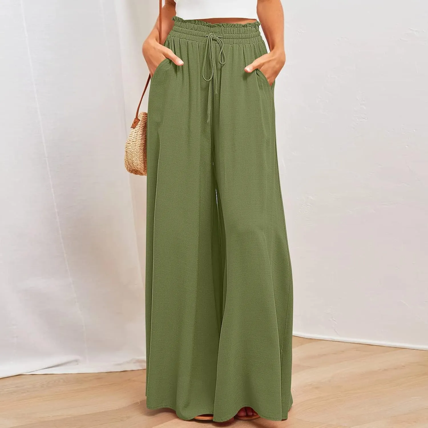 Flowy Wide Leg Pants for Women Ladies Elastic High Waist Palazzo Pants Solid Casual Beach Trousers Pocket Long Pant