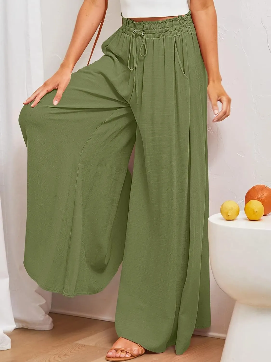 Flowy Wide Leg Pants for Women Ladies Elastic High Waist Palazzo Pants Solid Casual Beach Trousers Pocket Long Pant