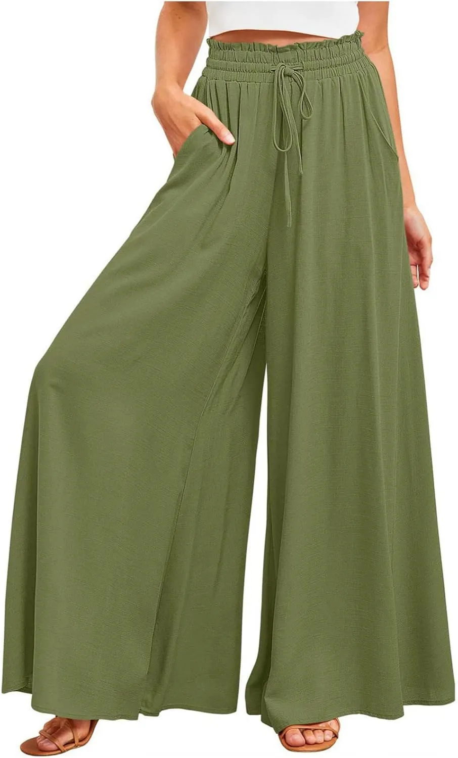 Flowy Wide Leg Pants for Women Ladies Elastic High Waist Palazzo Pants Solid Casual Beach Trousers Pocket Long Pant