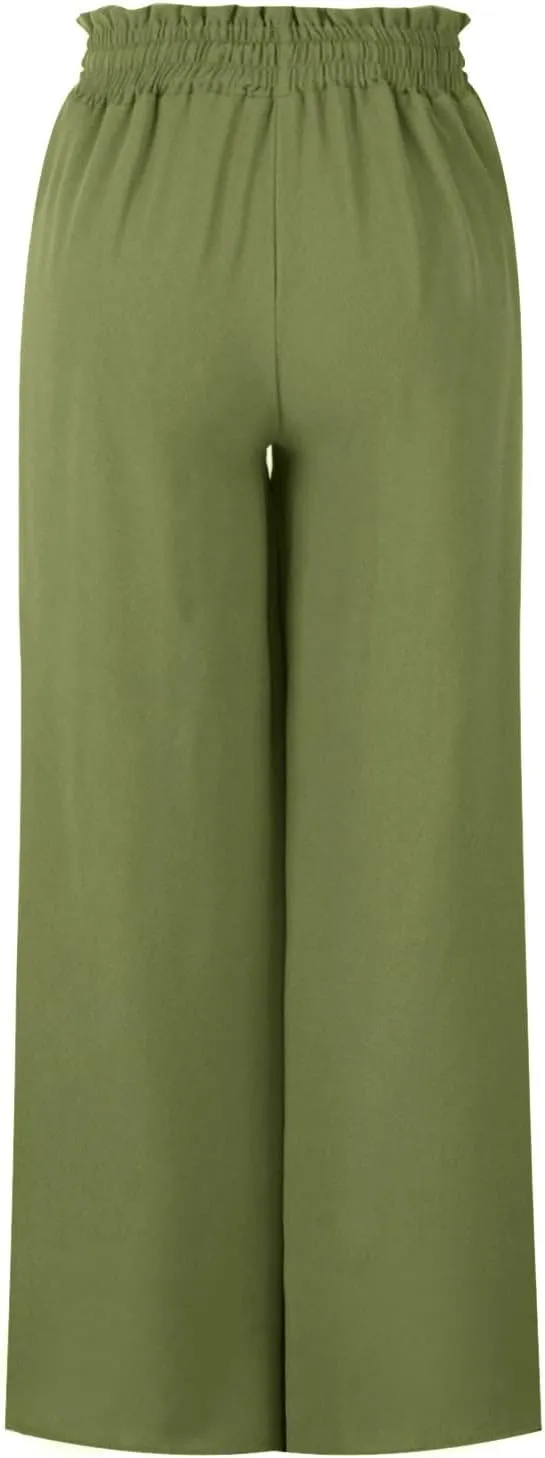 Flowy Wide Leg Pants for Women Ladies Elastic High Waist Palazzo Pants Solid Casual Beach Trousers Pocket Long Pant
