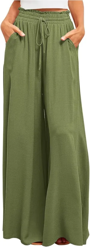 Flowy Wide Leg Pants for Women Ladies Elastic High Waist Palazzo Pants Solid Casual Beach Trousers Pocket Long Pant