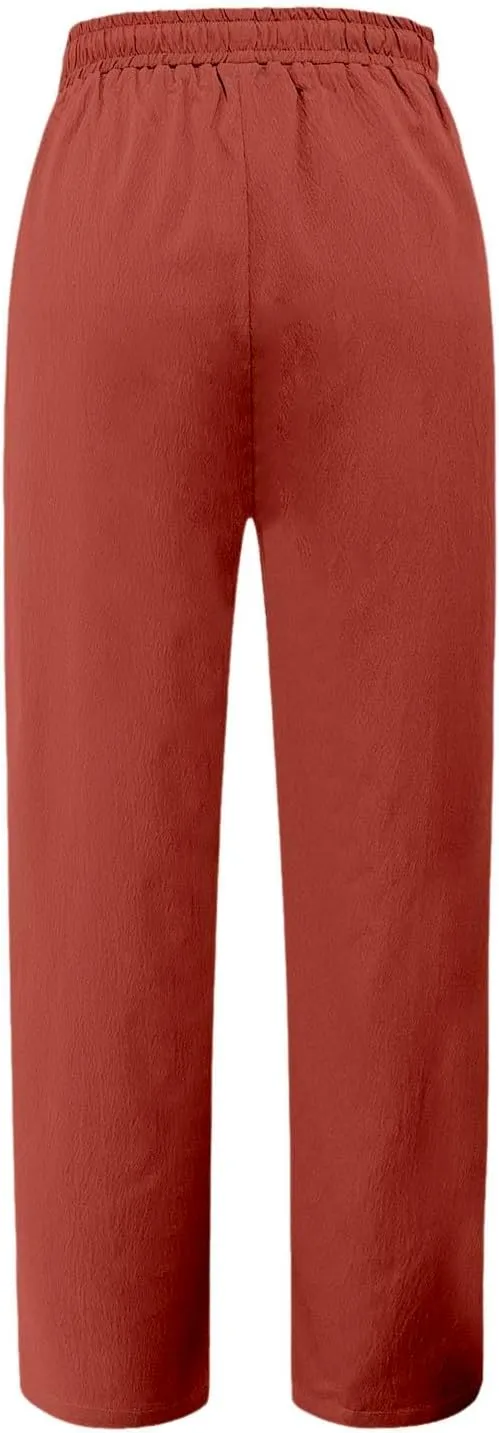 FZVYD Linen Pants for Women 2025 Summer High Waist Elastic Straight Leg Lounge Pant Casual Loose Lightweight Beach Trousers