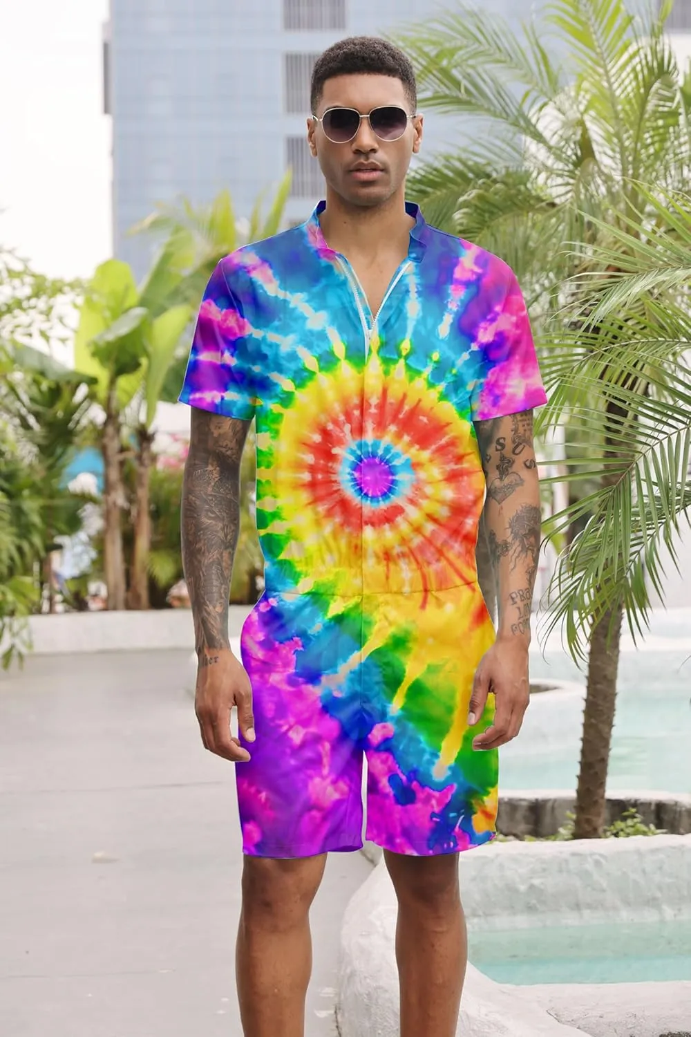 Goodstoworld Male Hawaiian Romper Fashion Zipper Slim Fit Jumpsuit with Pocket S-XXL