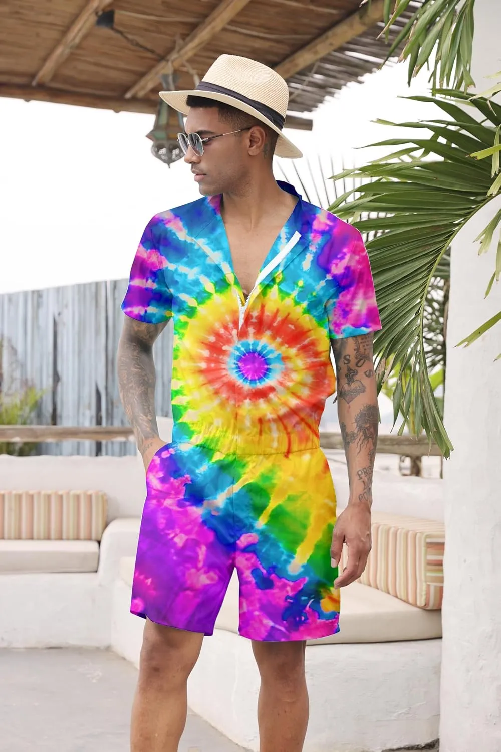 Goodstoworld Male Hawaiian Romper Fashion Zipper Slim Fit Jumpsuit with Pocket S-XXL