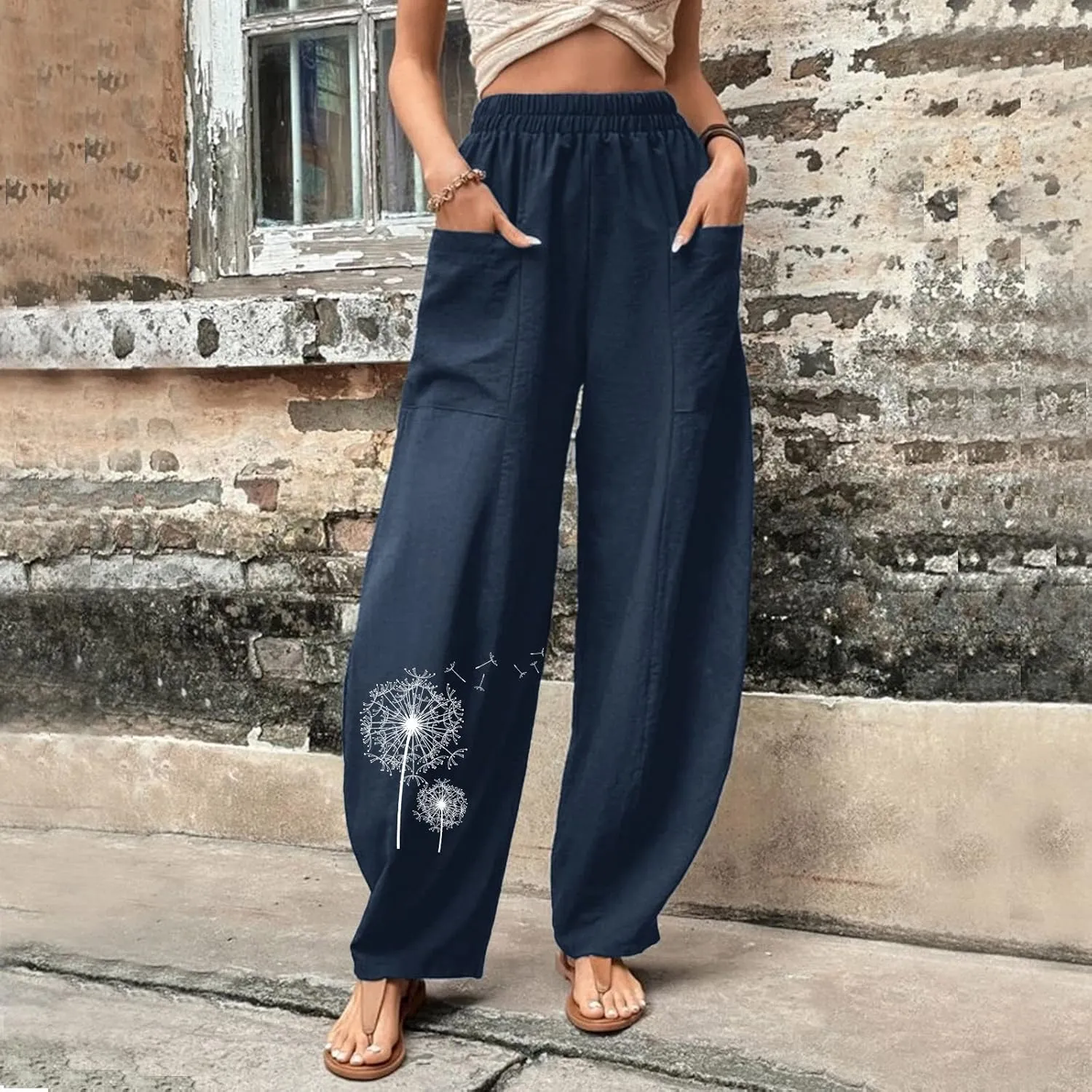 Harem Pants for Women Casual Comfy Cotton Lightweight Summer Beach Yoga Pants Elasitc Trousers Joggers with Pockets