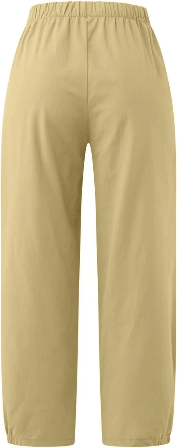 Harem Pants for Women Cotton Linen Capri Pants Summer Casual High Waist Plus Size Bohemian Yoga Lounge Beach Pants