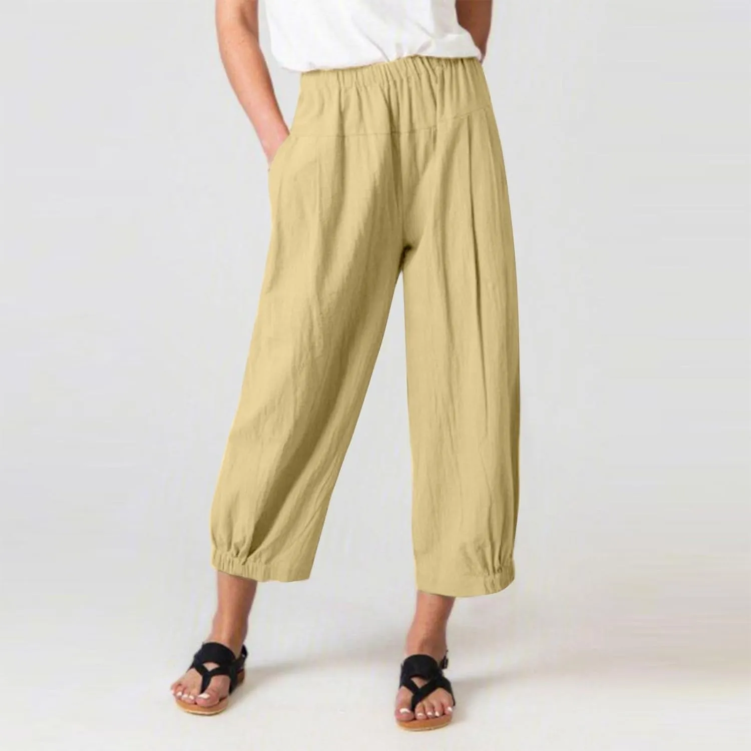 Harem Pants for Women Cotton Linen Capri Pants Summer Casual High Waist Plus Size Bohemian Yoga Lounge Beach Pants