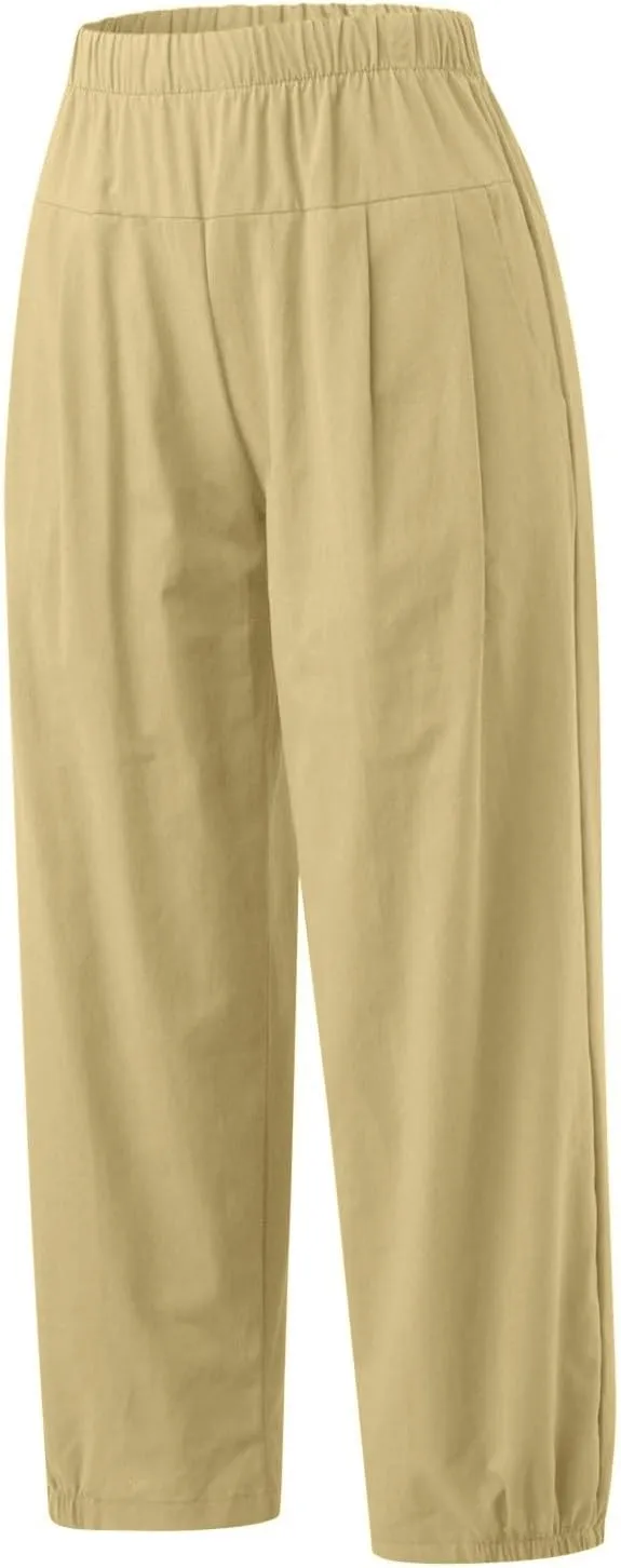 Harem Pants for Women Cotton Linen Capri Pants Summer Casual High Waist Plus Size Bohemian Yoga Lounge Beach Pants