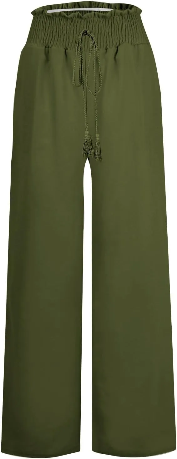 High Waist Wide Leg Palazzo Pants for Women 2024 Summer Casual Linen Lounge Pant Beach Flowy Trousers