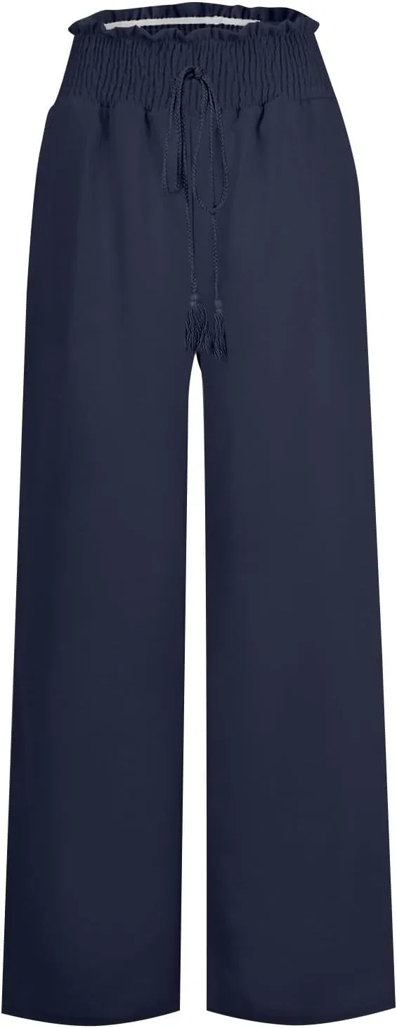 High Waist Wide Leg Palazzo Pants for Women 2024 Summer Casual Linen Lounge Pant Beach Flowy Trousers