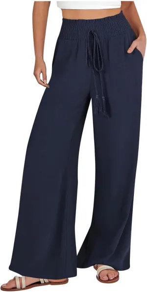 High Waist Wide Leg Palazzo Pants for Women 2024 Summer Casual Linen Lounge Pant Beach Flowy Trousers