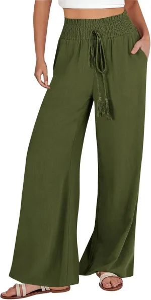 High Waist Wide Leg Palazzo Pants for Women 2024 Summer Casual Linen Lounge Pant Beach Flowy Trousers