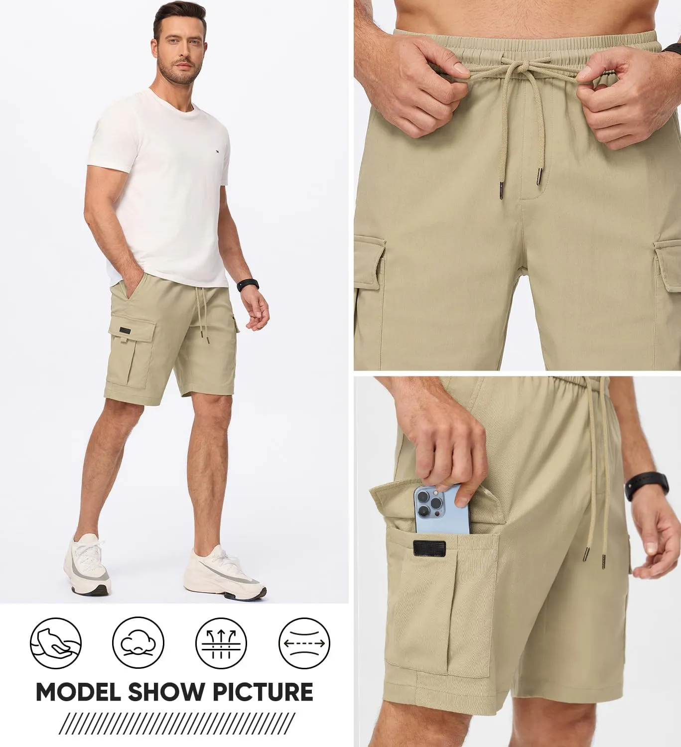 JMIERR Men's Casual Stretch Cargo Shorts Classic Drawstring Elastic Waist Summer Work Short with Multi Pockets