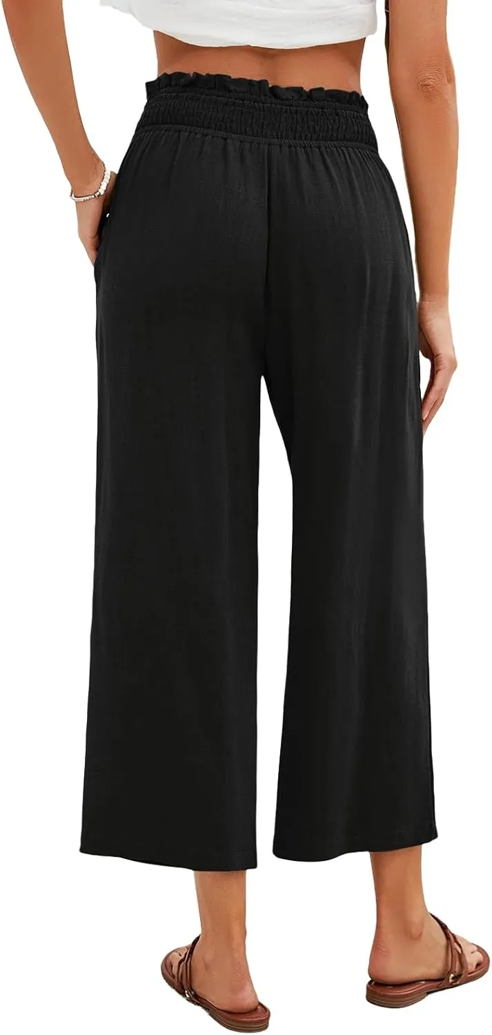 Kubbon Capri Pants for Women Cotton Linen Palazzo Pants High Waist Wide Leg Casual Loose Pant Flowy Trousers with Pockets