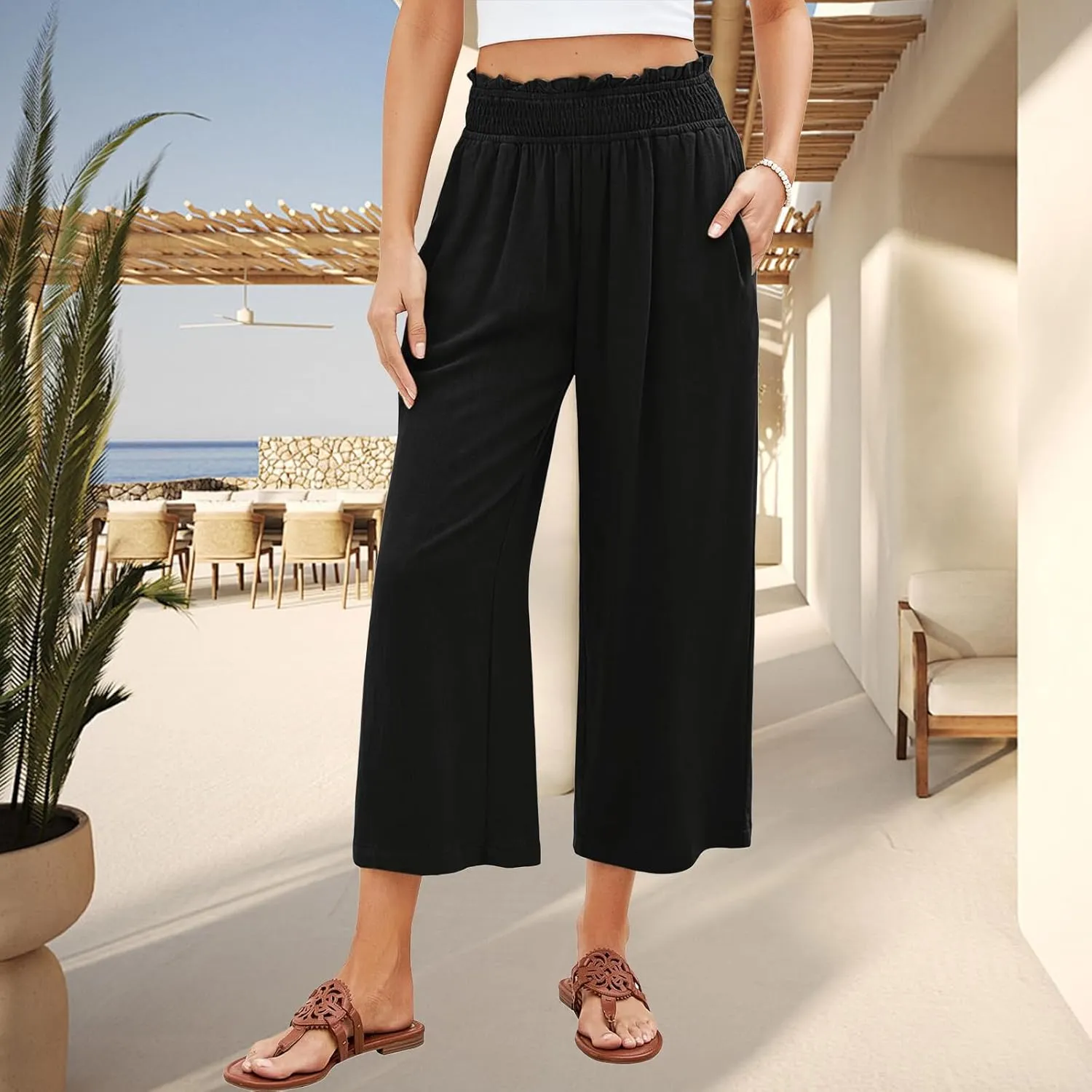 Kubbon Capri Pants for Women Cotton Linen Palazzo Pants High Waist Wide Leg Casual Loose Pant Flowy Trousers with Pockets