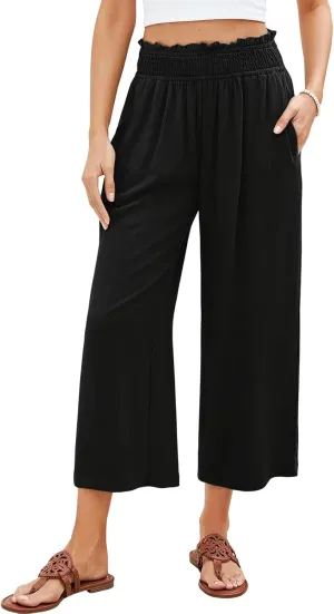 Kubbon Capri Pants for Women Cotton Linen Palazzo Pants High Waist Wide Leg Casual Loose Pant Flowy Trousers with Pockets