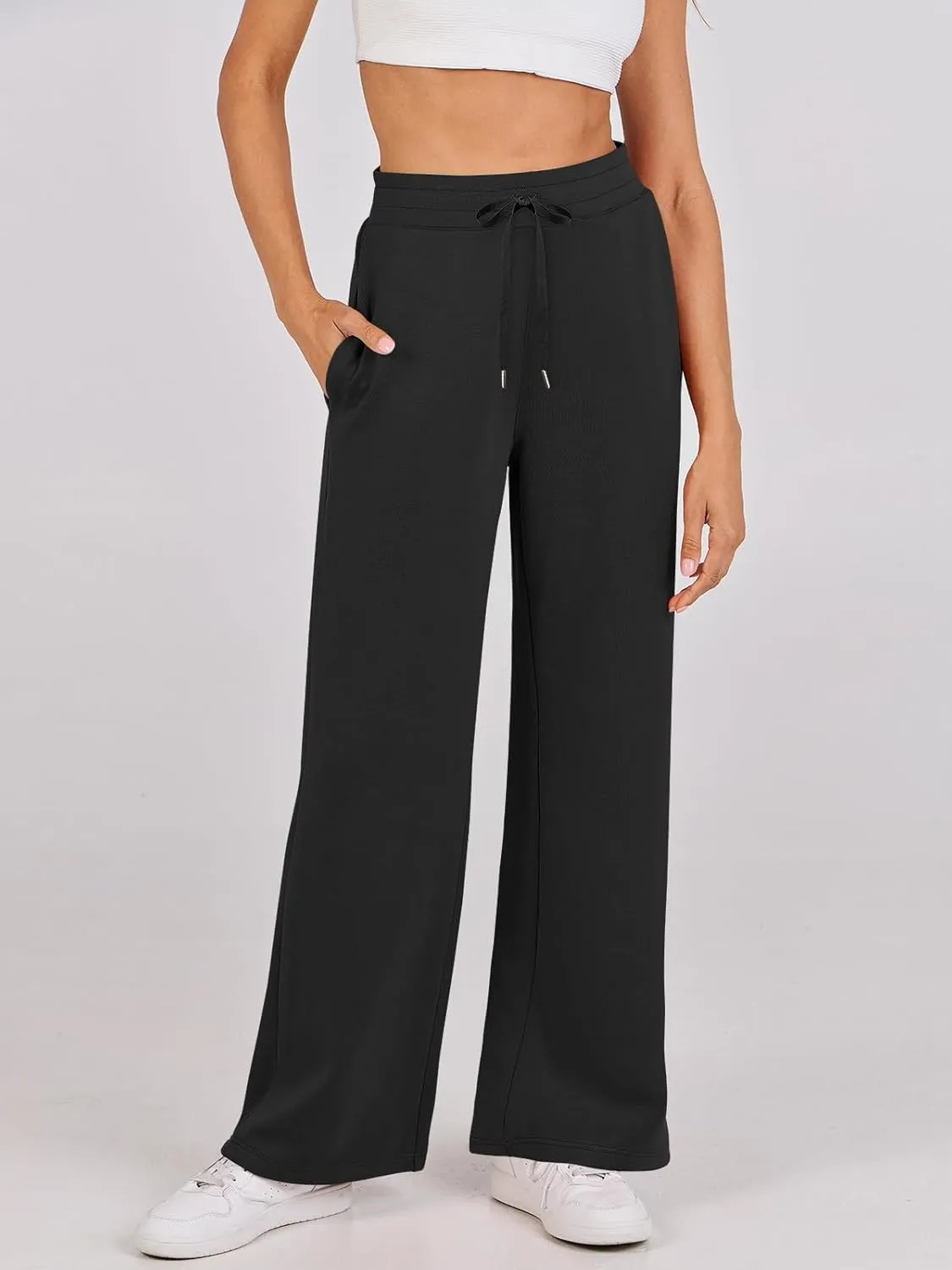 Kubbon Wide Leg Pants for Women High Waist Trousers Adjustable Knotted Comfy Loose Sweatpants Summer Casual Jogging Pants
