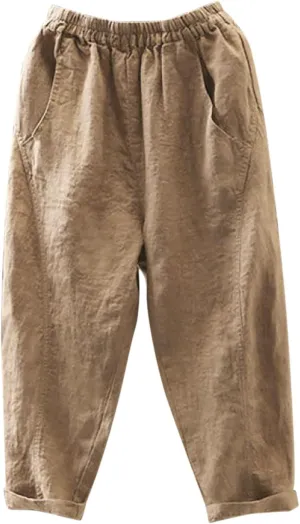 Linen Capri Pants for Women Elatic High Waisted Casual Loose Tapered Trousers Summer Beach Outdoor Sweatpants with Pockets