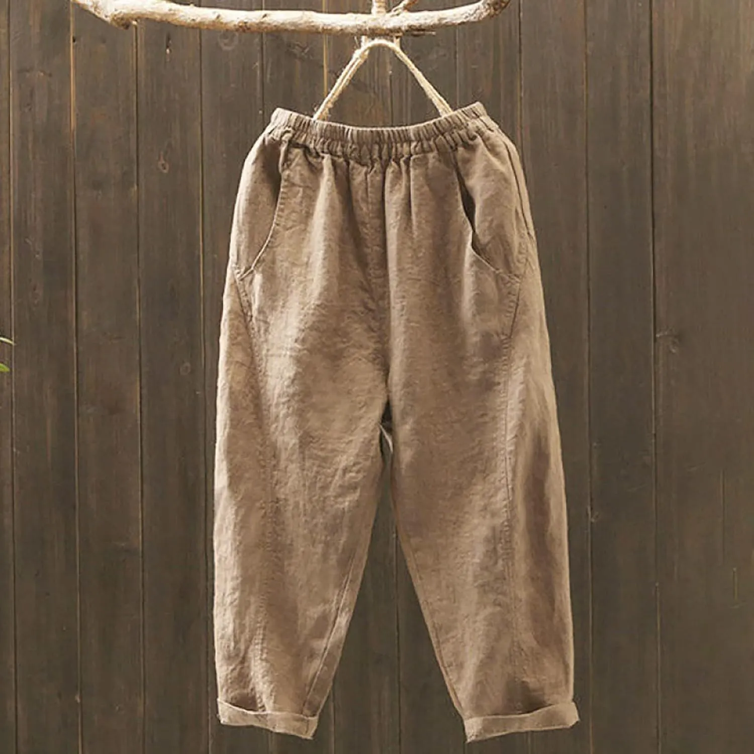 Linen Capri Pants for Women Elatic High Waisted Casual Loose Tapered Trousers Summer Beach Outdoor Sweatpants with Pockets