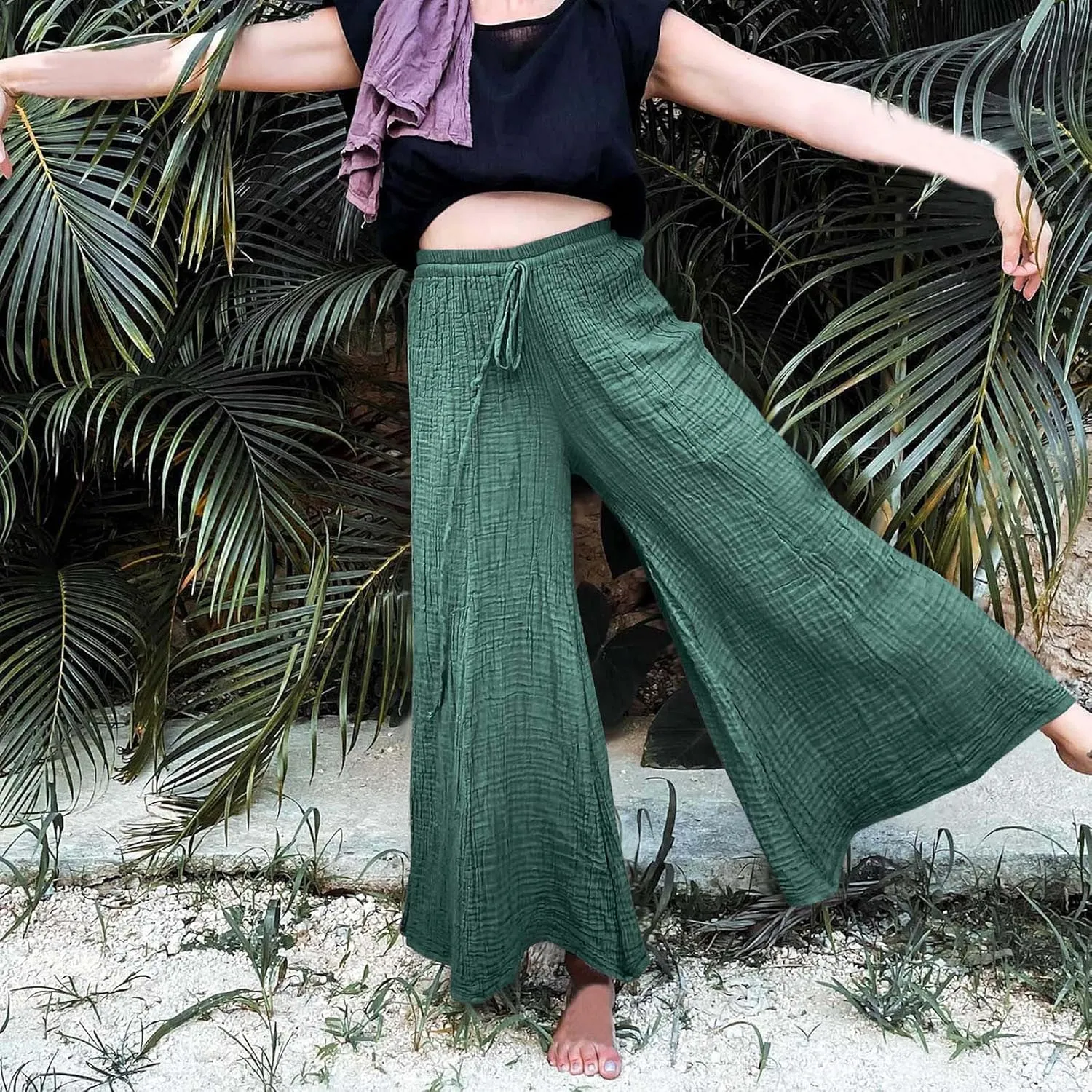 Linen Pants Women 2025 Boho Summer Wide Leg Cotton Linen Trousers Casual Flowy Elastic Waist Lightweight Palazzo