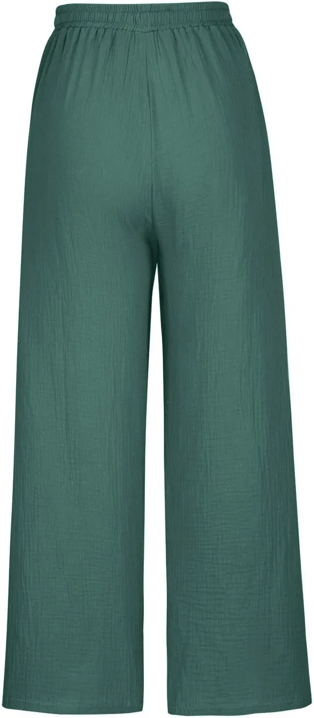 Linen Pants Women 2025 Boho Summer Wide Leg Cotton Linen Trousers Casual Flowy Elastic Waist Lightweight Palazzo