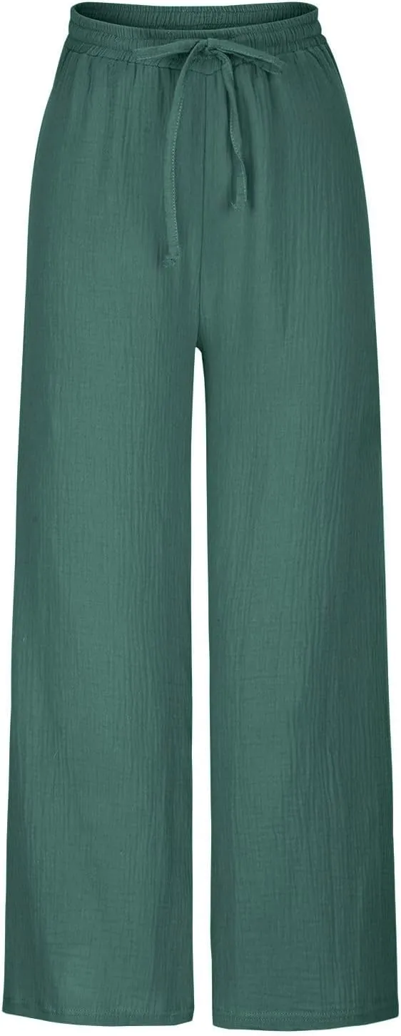 Linen Pants Women 2025 Boho Summer Wide Leg Cotton Linen Trousers Casual Flowy Elastic Waist Lightweight Palazzo