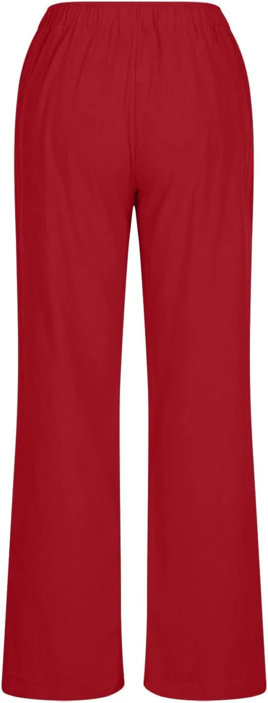 Linen Wide Leg Pants for Women Casual Summer 2024 Loose Comfy Lounge Pant Resort Wear Beach Drawstring Trousers