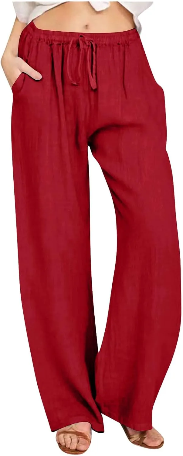 Linen Wide Leg Pants for Women Casual Summer 2024 Loose Comfy Lounge Pant Resort Wear Beach Drawstring Trousers