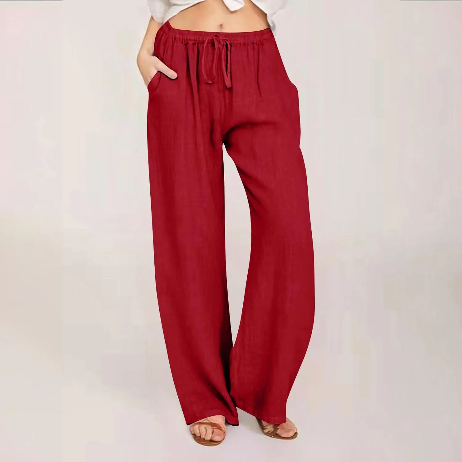 Linen Wide Leg Pants for Women Casual Summer 2024 Loose Comfy Lounge Pant Resort Wear Beach Drawstring Trousers