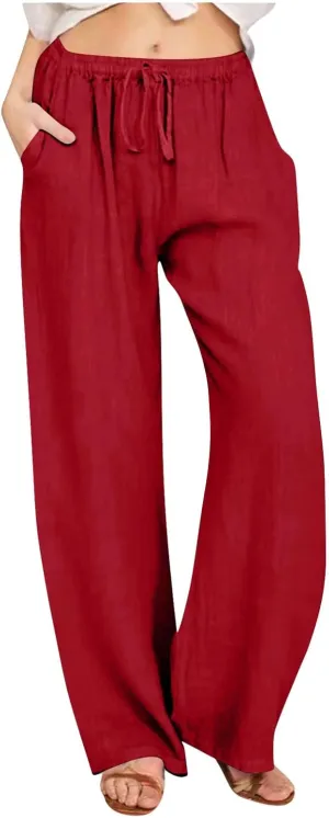 Linen Wide Leg Pants for Women Casual Summer 2024 Loose Comfy Lounge Pant Resort Wear Beach Drawstring Trousers
