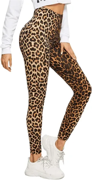 MakeMeChic Women's Leopard Print Leggings Tummy Control Skinny High Waisted Yoga Pants